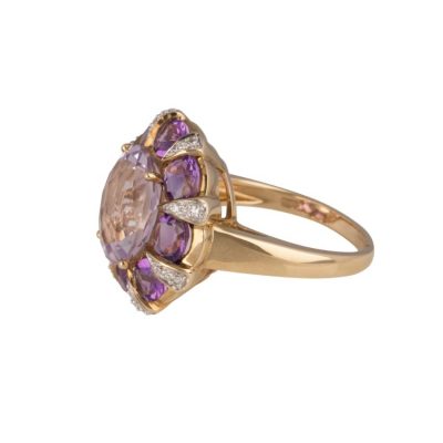 Gold Oval Light and Dark Amethyst and Diamond Oval Ring