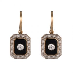 9ct Yellow Gold Rectangular Cut Onyx with Diamond Surround Earrings