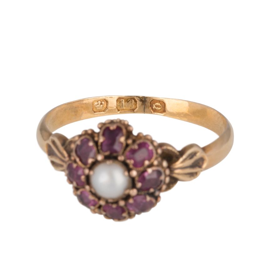 Victorian 18ct Yellow Gold Seed Pearl & Ruby Daisy Ring - Avenue J ...