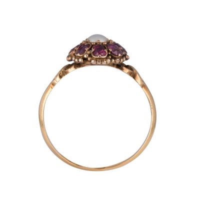 Victorian 18ct Yellow Gold Seed Pearl & Ruby Daisy Ring