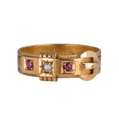 Edwardian 18ct Yellow Gold Ruby & Diamond Buckle Ring Chester 1905