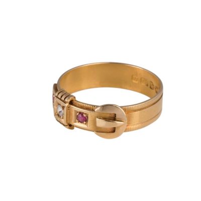 Edwardian 18ct Yellow Gold Ruby & Diamond Buckle Ring Chester 1905