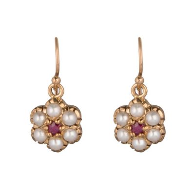 9ct Yellow Gold Seed Pearl Flower Cluster Drop Earring with Ruby Center