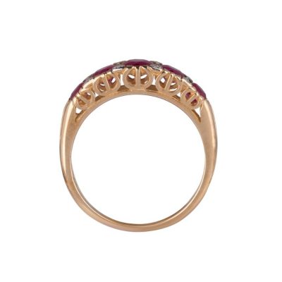 9ct Yellow Gold 5 Stone Round Natural Ruby & Diamond 1/2 Hoop Style Ring