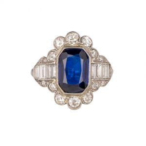 Art Deco Platinum Ring With Sapphire & Diamonds