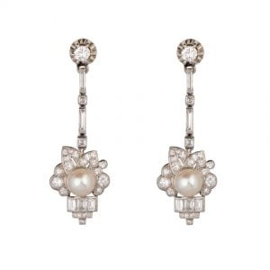 Art Deco Platinum Diamond Pearl Earrings