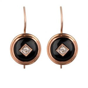 Rose Gold Onyx Double Bezel Set With Diamond Centre On Hook Earrings.