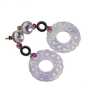 18ct White Gold Lavender Jadeite, Ruby, Moonstone, Onyx and Diamond Art Deco Style Drop earrings