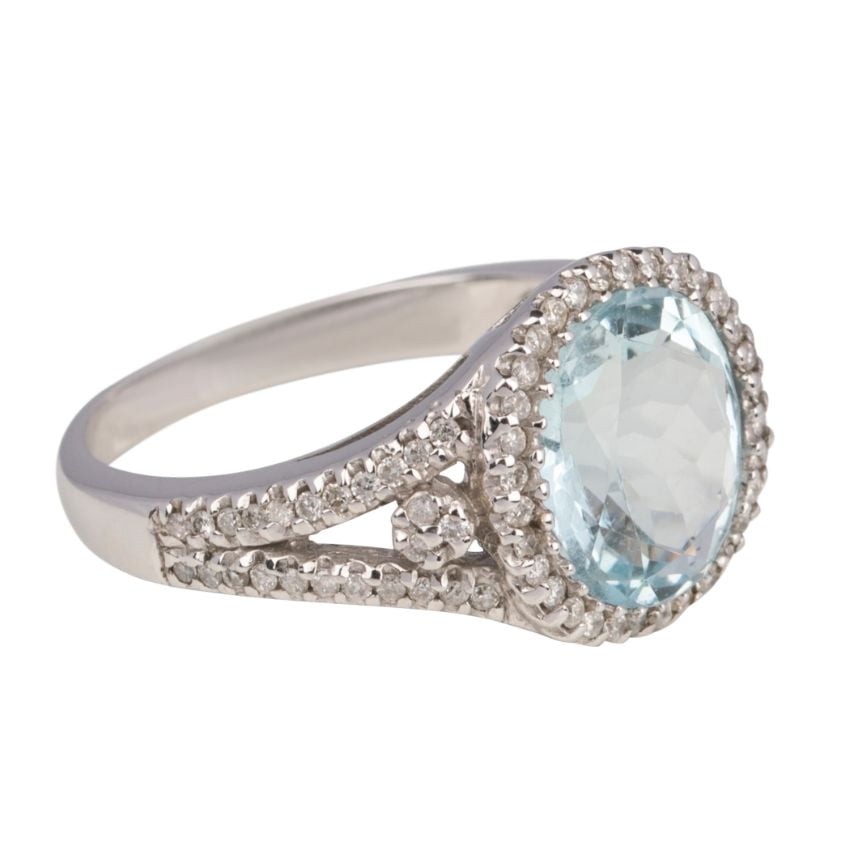 9ct White Gold Round Aquamarine & Diamond Dress Ring - Avenue J ...