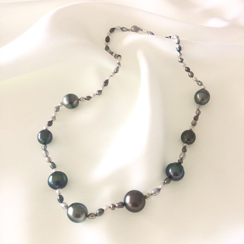 Tahitian 12.7mm Keshi & Pearl Necklace 48cm Strung Knotted With Silver ...