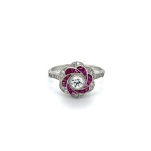 Art Deco Platinum Diamond & Ruby Floral Swirl Ring