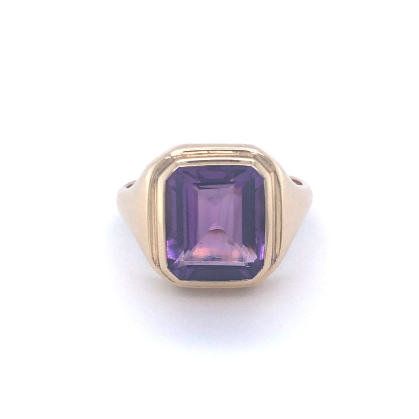 9ct Yellow Gold Double Stepped Bezel Set Emerald Cut Amethyst Ring ...