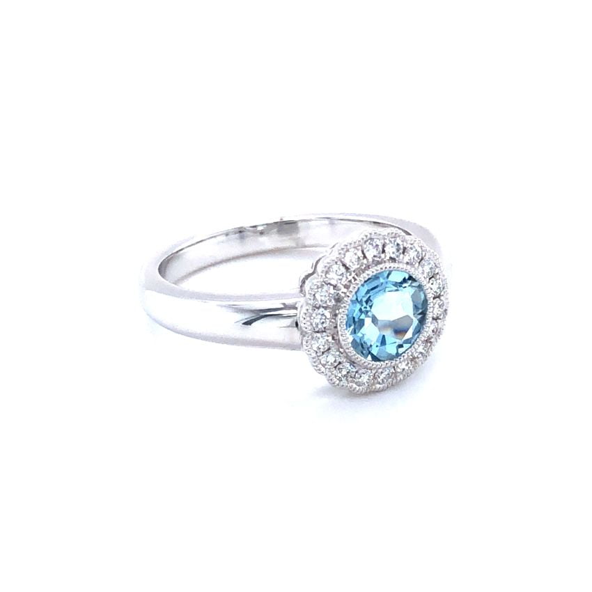 9ct White Gold Diamond Set Diamond & Aquamarine Round Halo Ring ...