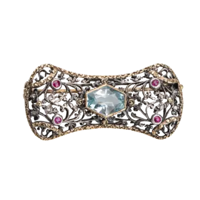 Art Deco 18ct Gold with Silver Aquamarine and Gemstone Brooch