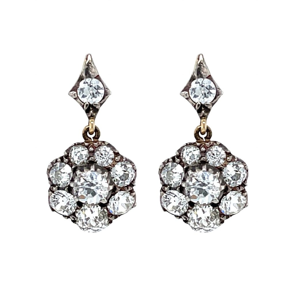 Victorian 18ct Yellow Gold Diamond Daisy Cluster Drop Earrings - Avenue ...