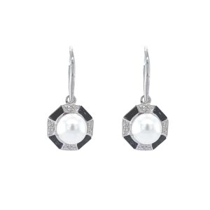 Art Deco Style Pearl Onyx & Diamond Earrings