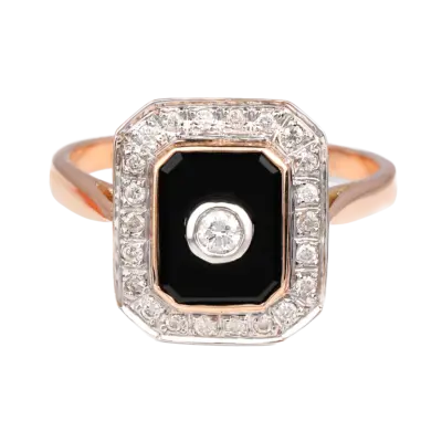 9ct Rose Gold Rectangular Onyx and Diamond Halo Ring