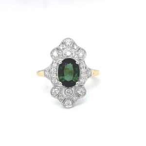 Art Deco Style Ring with Green Tourmaline & Diamonds