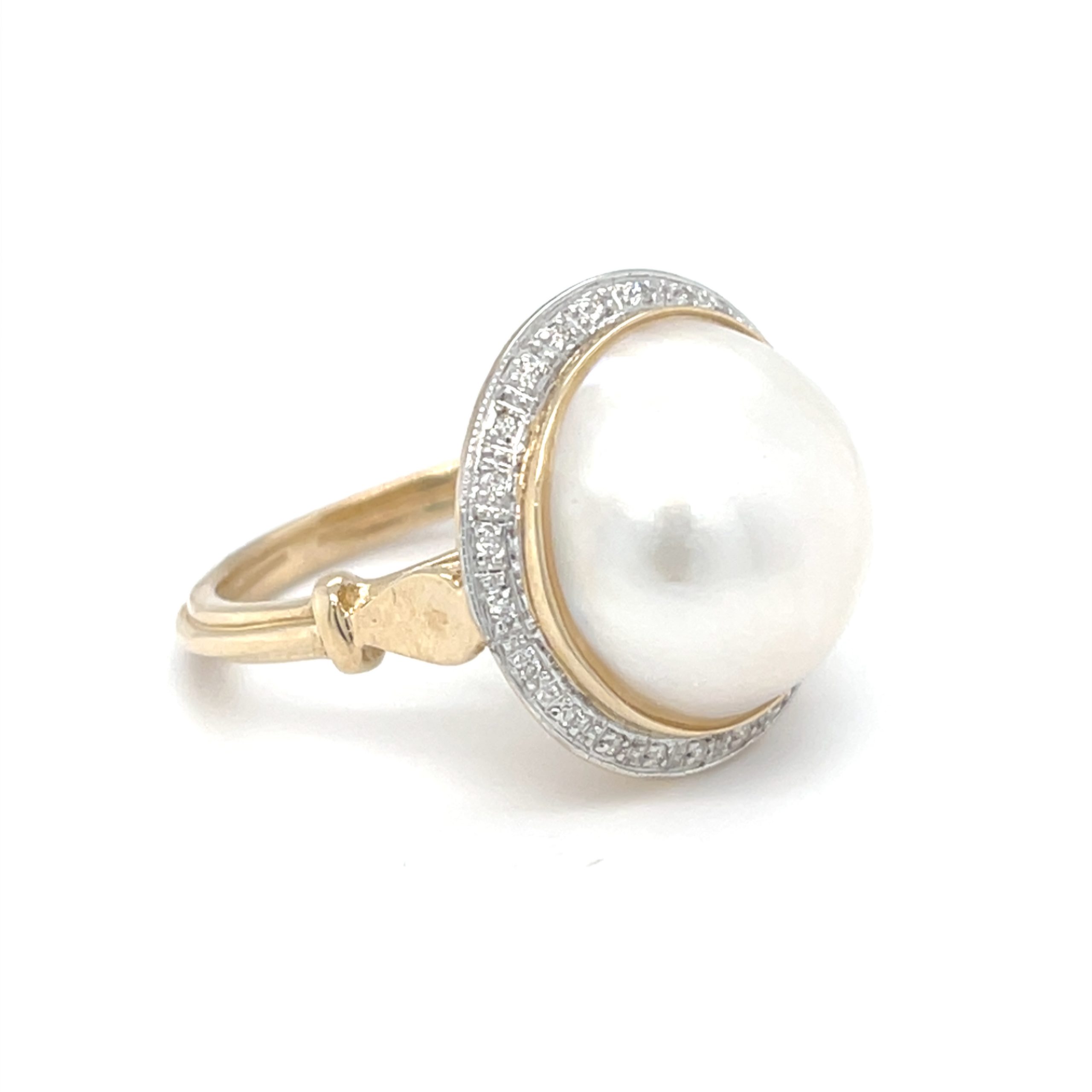 9ct Yellow Gold Large Round Mabe Pearl and Diamond Ring - Avenue J ...