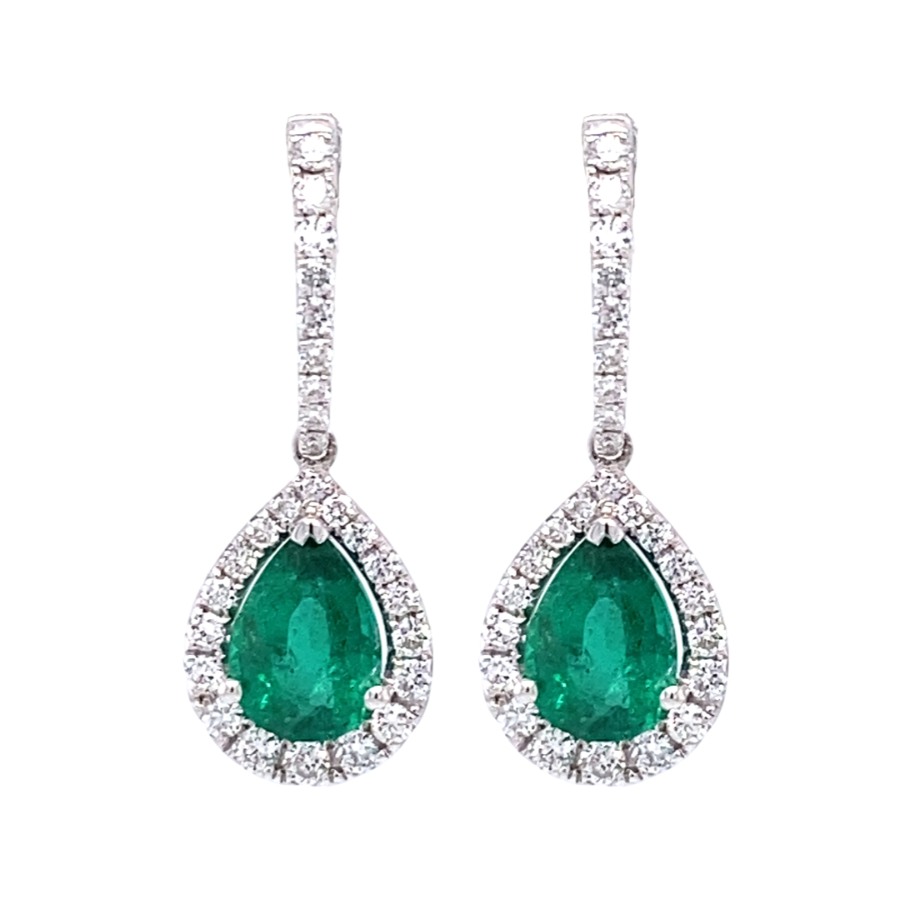 18ct White Gold Pear cut Emerald & Diamond Cluster Drop Earrings ...