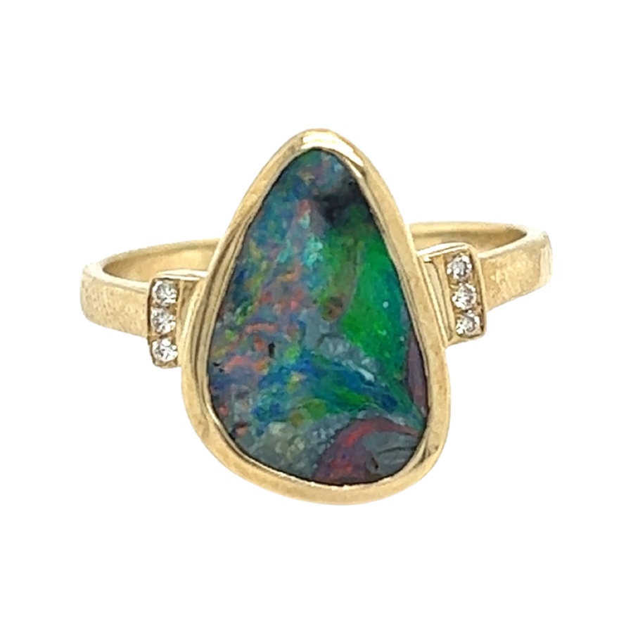 9ct Yellow gold Tear Drop Solid Boulder Opal with Diamond on Side Ring ...