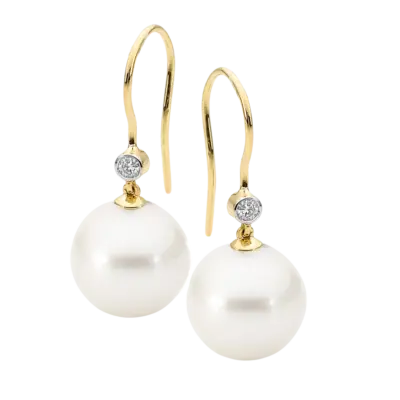 9ct Yellow Gold Round Pearl with Diamond Drops