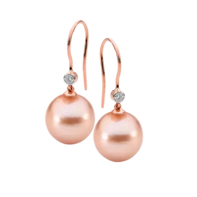 9ct Rose Gold Pink Freshwater Pearl and Diamond Drops