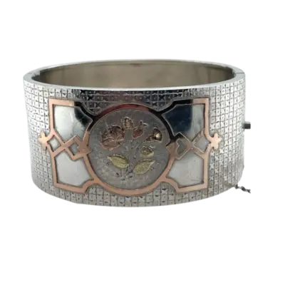 Victorian Sterling Silver Wide Bangle with Unique Gold Floral Design