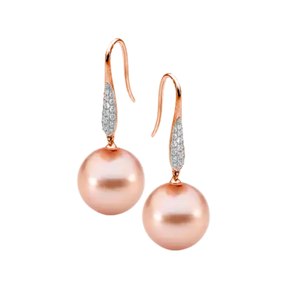9ct Rose Gold Natural Pink Freshwater Pearl and Diamond Drops