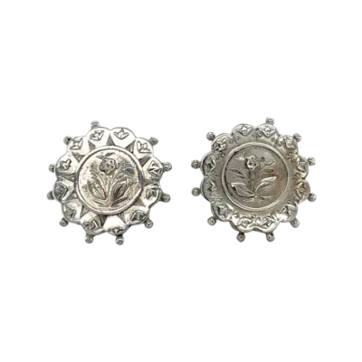 Victorian Round Silver Floral Engraved Studs