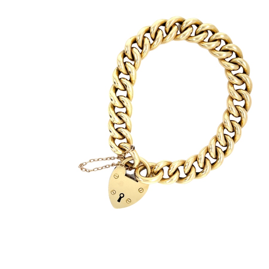 18ct Yellow Gold Solid Curb Link Bracelet With Heart Padlock with ...