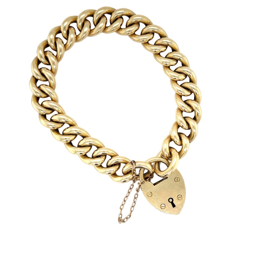 18ct Yellow Gold Solid Curb Link Bracelet With Heart Padlock with ...