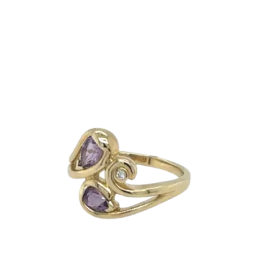9ct Yellow Gold Unique Amethyst and Diamond Swirl Ring - Image 2