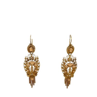 Victorian French Earrings High ct with intricate Etruscan beaded wire work with tassels C1890
