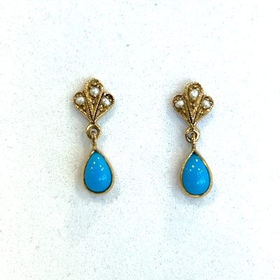 9ct Yellow Gold Turquoise and Pearl Drop Earrings
