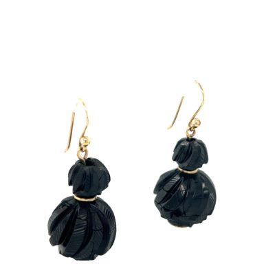 Large Carved Ball Whitby Jet Earrings
