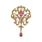 Pink Tourmaline & seed pearl pendant- Set In 18ct Yellow gold