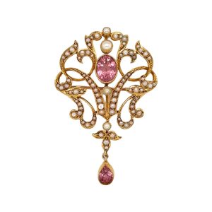 Pink Tourmaline & seed pearl pendant- Set In 18ct Yellow gold