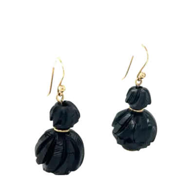 Large Carved Ball Whitby Jet Earrings