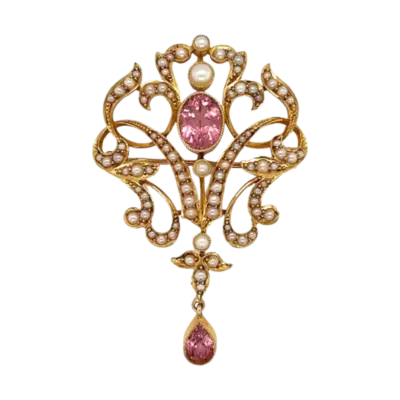 15ct Yellow Gold Pink Tourmaline and Pearl Pendant