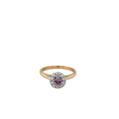 Diamond Daisy ring with Round Purplish Pink Sapphire