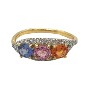 Blue Pink and Orange Sapphire and Diamond Ring