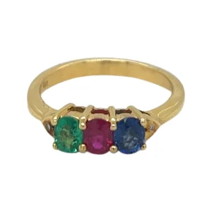 Ruby Sapphire and Emerald & Diamond Claw Set Ring
