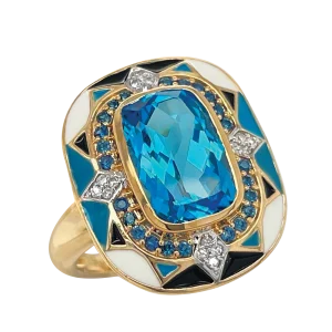 Gold Swiss Blue Topaz Sapphire and Diamond Ring