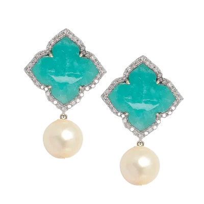Amazonite Freshwater Pearl and Diamond Earrings