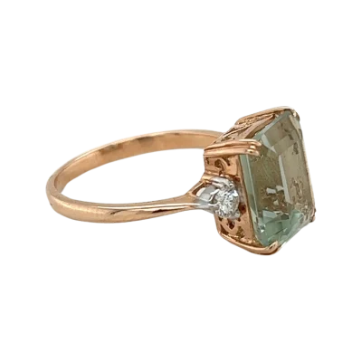 9ct Rose Gold Emerald Cut Green Amethyst and Diamond Ring