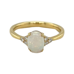 Oval White Opal Ring with 6 Diamonds