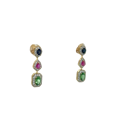 Pink & Blue Sapphire & Demantoid Garnet Diamond Drop Earrings