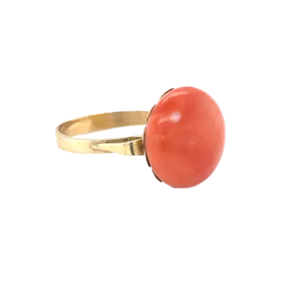 Handmade 18ct Yellow Gold Bright Orange/Red Cabochon Coral Ring - Image 2