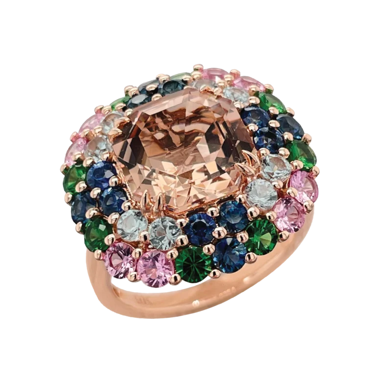 Asscher Cut Morganite Sapphire & Tsavorite Ring